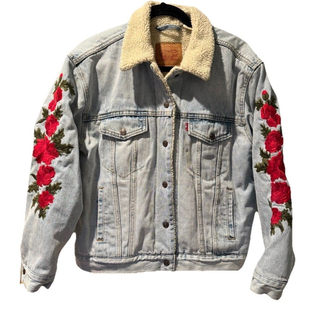 Levi’s Sherpa Lined Embroidered Denim Jacket  Blue 90s Trucker Rose size Large - Picture 3 of 8